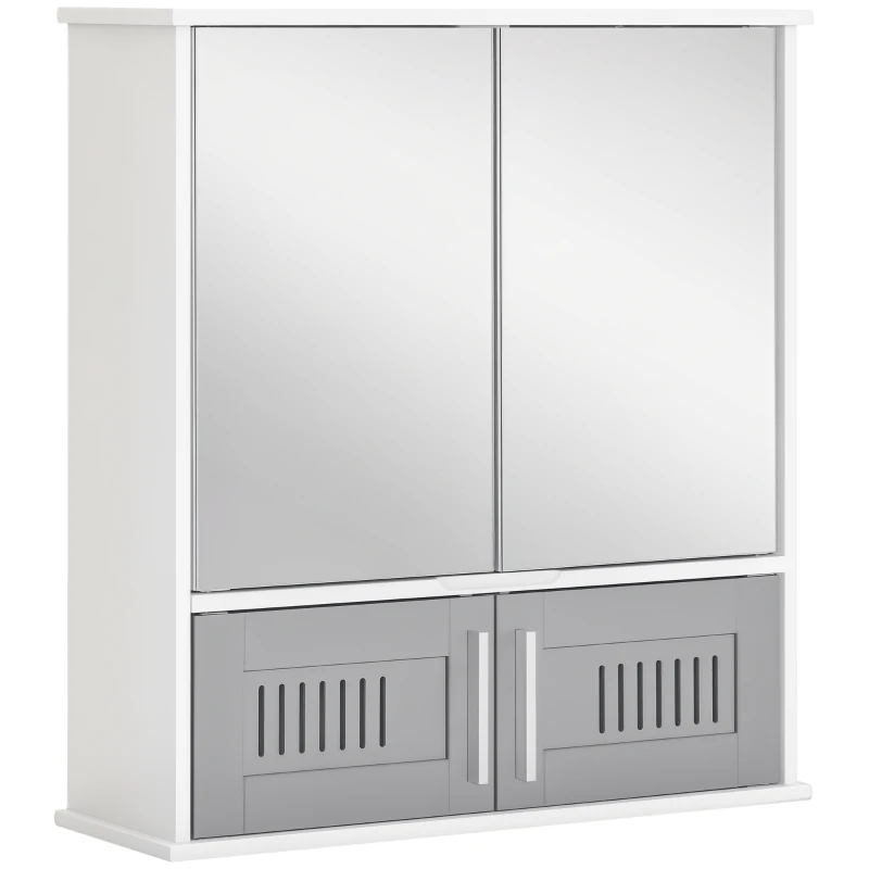 kleankin Bathroom Mirror Cabinet, Wall Mounted Storage Cupboard with Double Doors and Adjustable Shelf, Bathroom Organizer, Grey