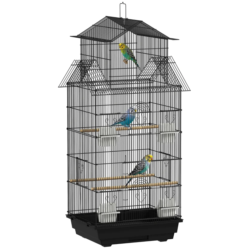 PawHut Gabbia per uccelli voliera con altalena maniglia portatile 4 mangiatoie 3 posatoi 50,5 x 41 x 104 cm in acciaio nero