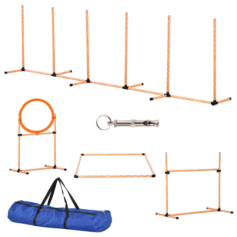 PawHut Conjunto de Treino de Agilidade para Cães de 4 Peças Kit Treino Agility para Cães com Slalom Área de Pausa Barreiras e Anel de Salto Laranja