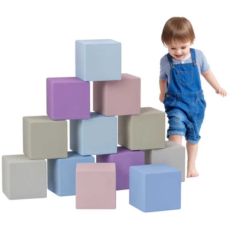 HOMCOM Set 12 Cuburi de Jucărie Moi pentru Copii 12-36 Luni, 20x20x20 cm, Multicolor Deschis