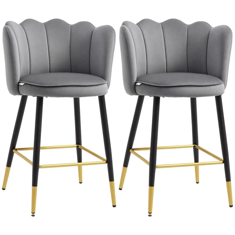 HOMCOM Set de 2 Scaune de Bar Moderne, Scaune de Bar Inalte, Scaune de Bar pentru Bucatarie cu Spatar, Suport pentru Picioare, Baza din Otel, Gri Carbune