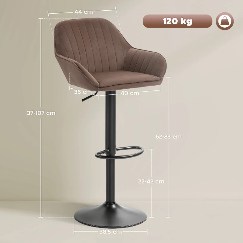HOMCOM Juego de 2 Taburetes de Bar Giratorios Altura Ajustable 62-83 cm Tapizada en Terciopelo Respaldo y Reposapiés Marrón