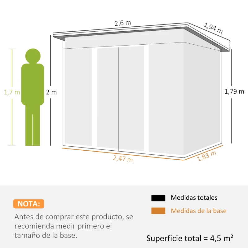 Outsunny Cobertizo de Jardín Exterior 4,5 m² 260x194x200 cm con Paneles Frontales Transparentes y 2 Puertas Corredizas Verde