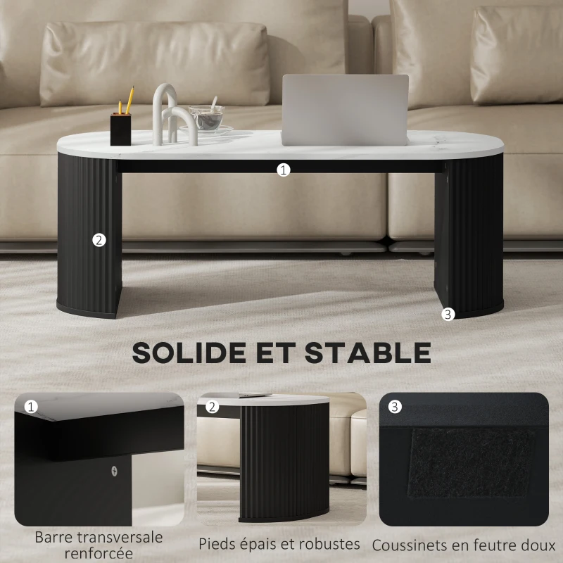 HOMCOM Table basse ovale, table d'appoint aspect effet marbre, coins arrondis pieds épais, 110 x 50 x 40 cm, noir