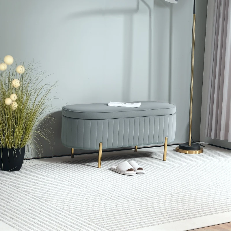 HOMCOM Banco de almacenamiento, pie de cama de terciopelo con tapa, patas de metal, capacidad 72 L, 108x44x43,5 cm, gris