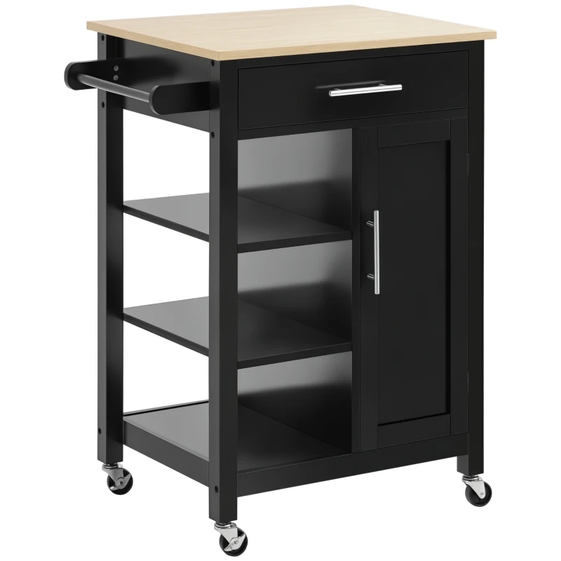 HOMCOM Desserte de Cuisine à roulettes Chariot de Service Style Contemporain - Porte, tiroir, 3 étagères - poignées métal Plateau Bois hévéa Noir
