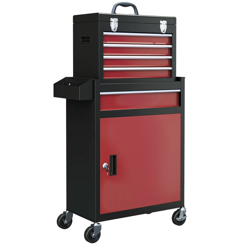 HOMCOM Carro de Herramientas Caja de Herramientas de Acero Carro de Taller con Ruedas Puerta y Cajones para Taller Garaje Rojo