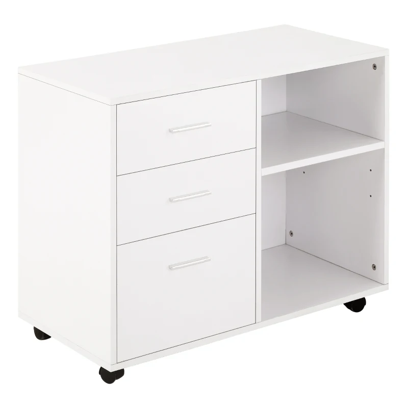 HOMCOM Support d'imprimante organiseur bureau caisson 3 tiroirs + 2 niches + grand plateau panneaux particules blanc