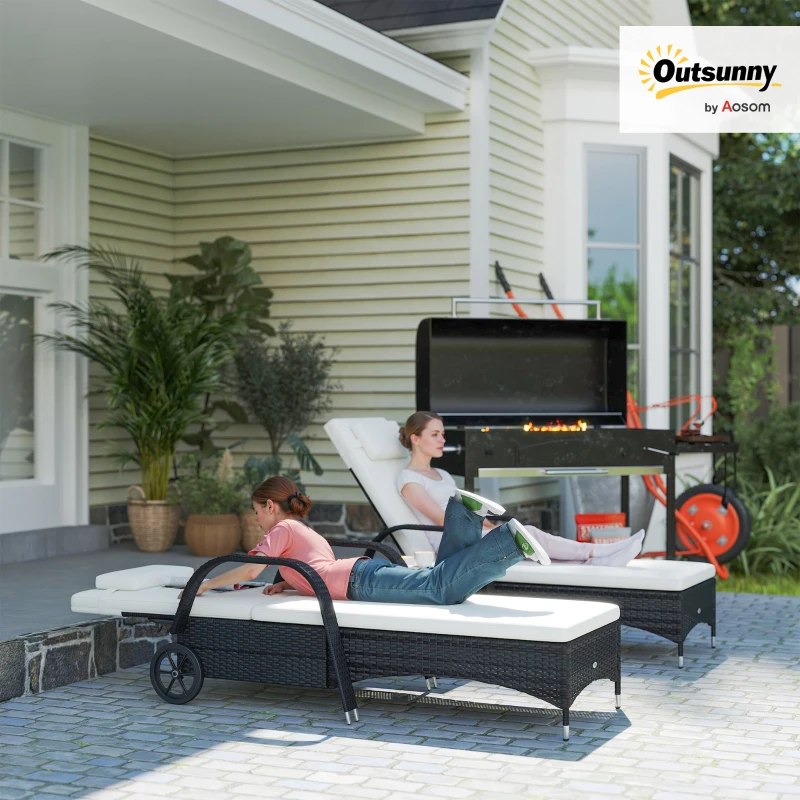 Outsunny 2 Seater Rattan Sun Lounger Set with Side Table Black