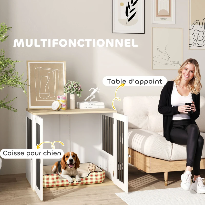 PawHut Cage pour chiens, table d'appoint, gamelles amovibles rotatives à 360° 2 portes pour chien moyenne 80x55x71,5cm blanc