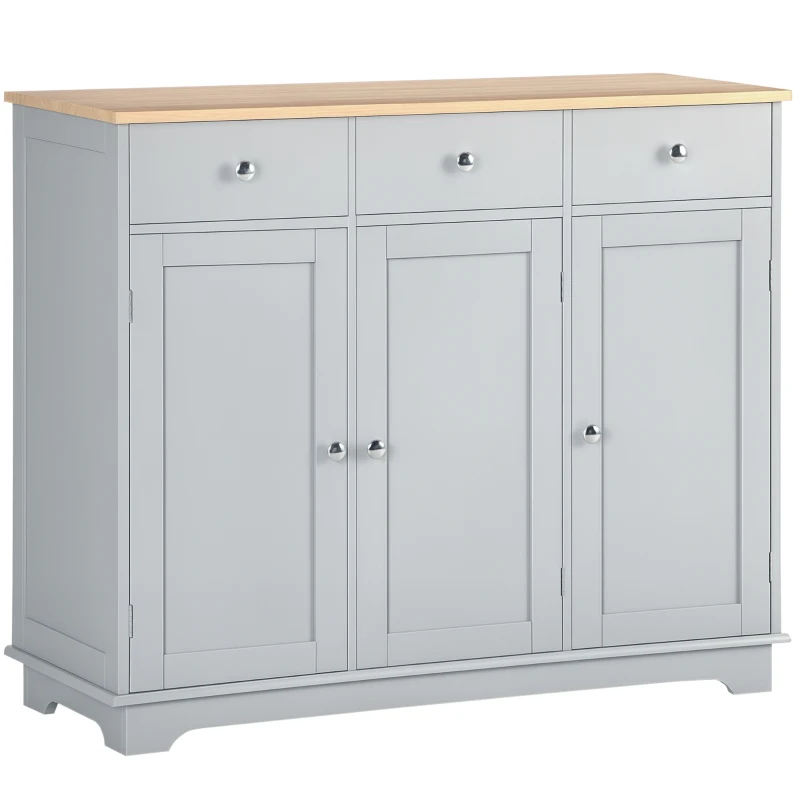 HOMCOM Sideboard with Rubberwood Top and Adjustable Shelves for Dining Room, Kitchen - Grey
