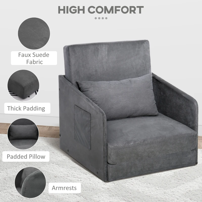 HOMCOM Single Sofa Bed Fabric Armchair Bed Soft Floor Sleeper Lounger Futon Couch with Pillow and Pocket Grey