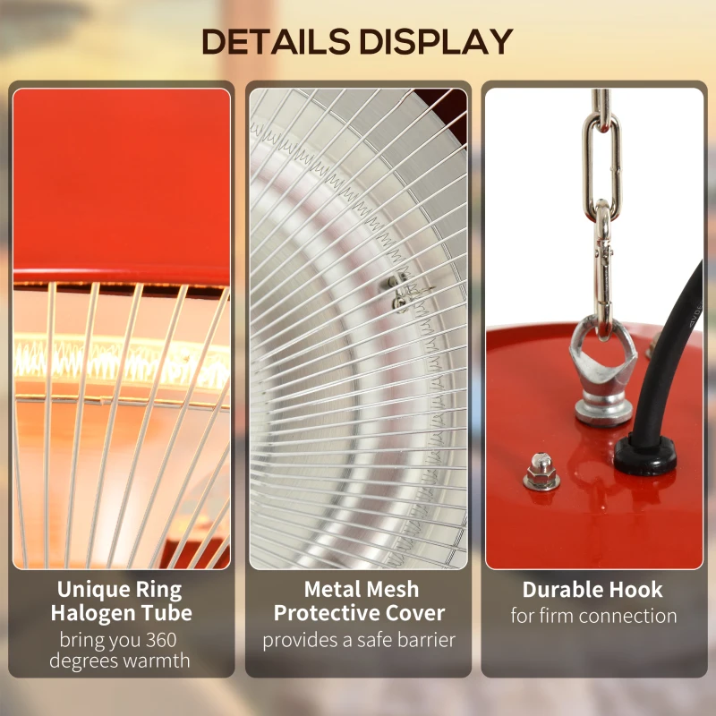Outsunny 1500W Outdoor Ceiling Mounted Patio Heater, Garden Electric Halogen Heat Warmer Hanging Lamp, Aluminium, Red