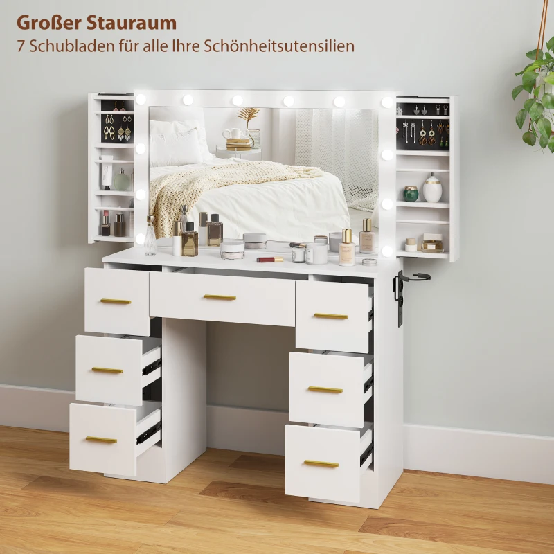 HOMCOM Schminktisch mit Spiegel und 12 LED-Lichtern, Frisiertisch mit 7 Schubladen, 6 versteckte Staufächer, Spanplatte, Weiß(m-6)
