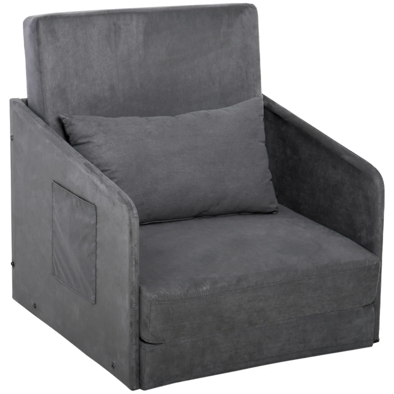 HOMCOM Single Sofa Bed Fabric Armchair Bed Soft Floor Sleeper Lounger Futon Couch with Pillow and Pocket Grey