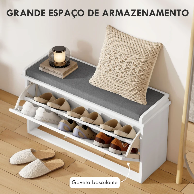 HOMCOM Banco Sapateira Moderno de Madeira com Prateleiras Ajustáveis e Almofada Acolchoada para 8 Pares de Sapatos 80x26x44,5 cm Branco