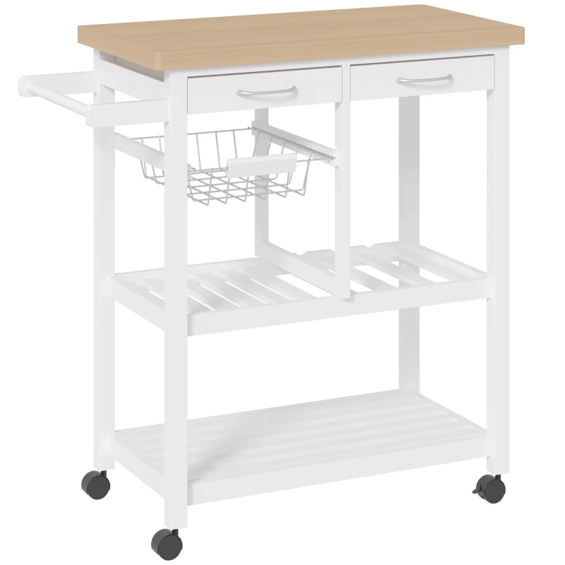 HOMCOM Chariot de service desserte de cuisine à roulettes multi-rangements 85L x 37l x 85H cm plateau bois massif pin châssis MDF blanc
