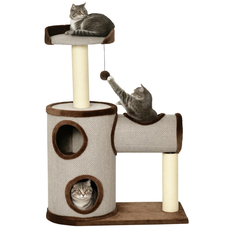 PawHut Árvore Arranhador para Gatos Médios Altura 104cm Torre de Escalada para Gatos com Barril Arranhador Plataforma Superior Túnel Poste de Sisal e Bola Suspensa 75x39x104cm Marrom