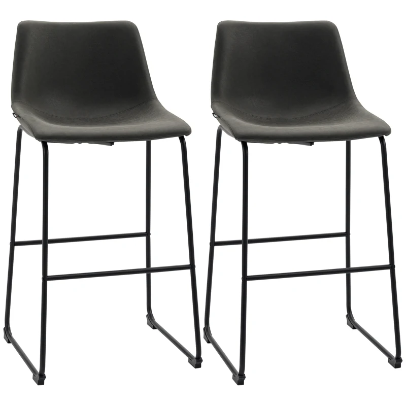 HOMCOM Conjunto de 2 Bancos Altos de Cozinha Estofado em PU com Encosto Pés de Aço e Apoio para os Pés 47x54x99cm Cinza Escuro