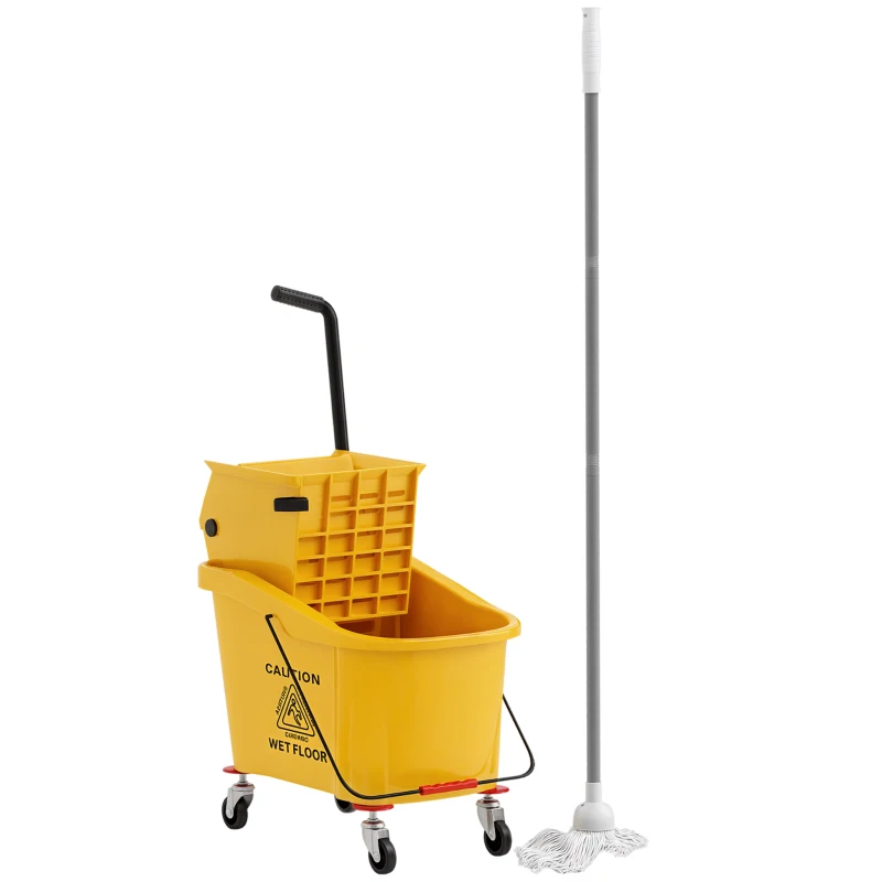 HOMCOM Cărucior de Curățenie Profesional de 36L cu Găleată pentru Mop, Storcător și Mâner, 55x37x65 cm, Galben