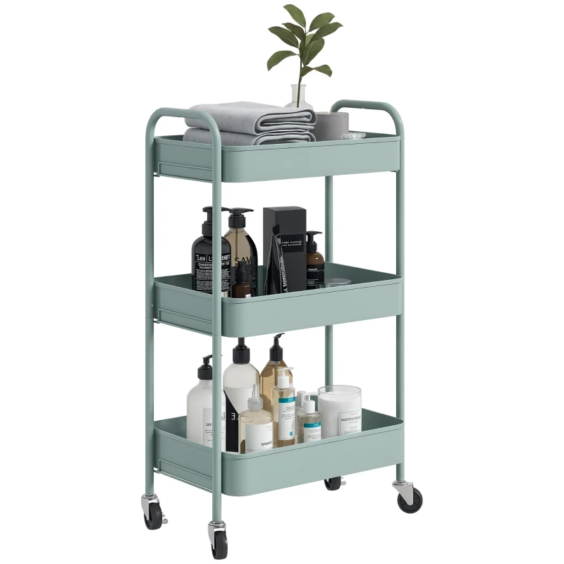 HOMCOM Desserte chariot de rangement en acier chariot de service à roulettes 3 plateaux ajourés 45 x 30,6 x 79 cm bleu clair