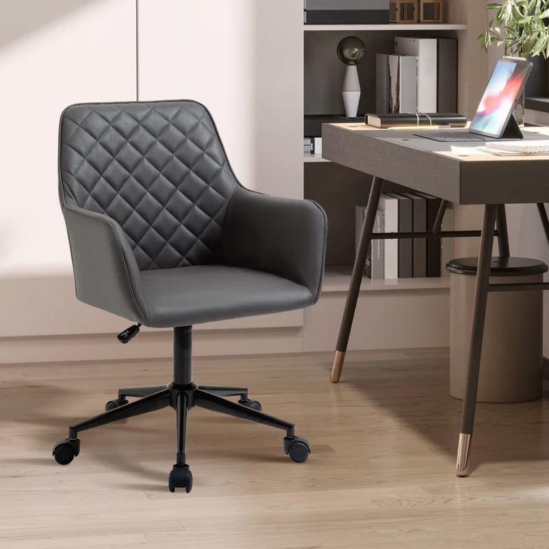 Vinsetto Office Desk Chair, Leather-Feel Fabric Computer Swivel Chair with Rolling Wheels and Adjustable Height for Home, Grey