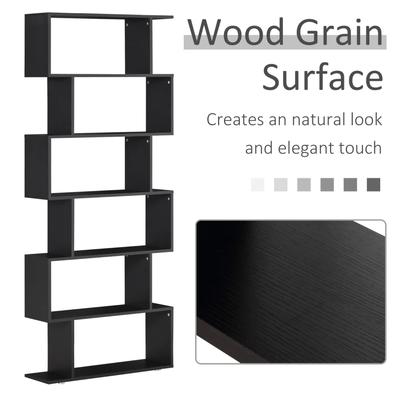 HOMCOM S Shape Wooden 6-tier Bookshelf Open Concept Bookcase Storage Display Unit for Home Office Living Room, Black