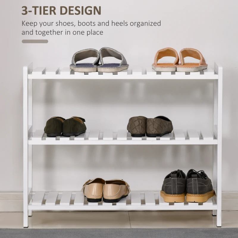 HOMCOM 3-Tier Shoe Rack, Narrow Shoe Shelf with Wood Frame and Slatted Shelves for Hallway, Entryway, 70L x 26W x 57.5H cm, White