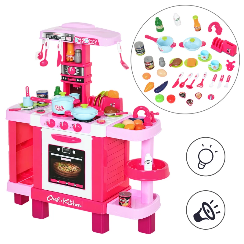 HOMCOM Cuisine pour Enfant Recettes Jeu d'imitation 38 Accessoires Inclus Sons et lumières polypropylène Rose