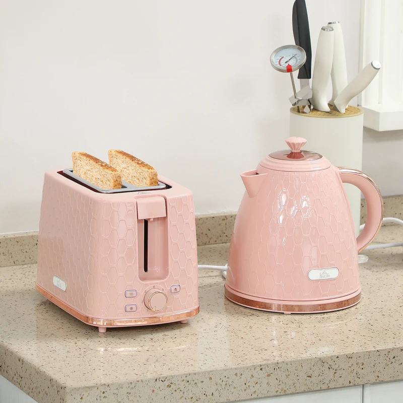 HOMCOM 1.7L 3000W Fast Boil Kettle & 2 Slice Toaster Set, Kettle and Toaster Set with Auto Shut Off, Browning Controls, Light Pink