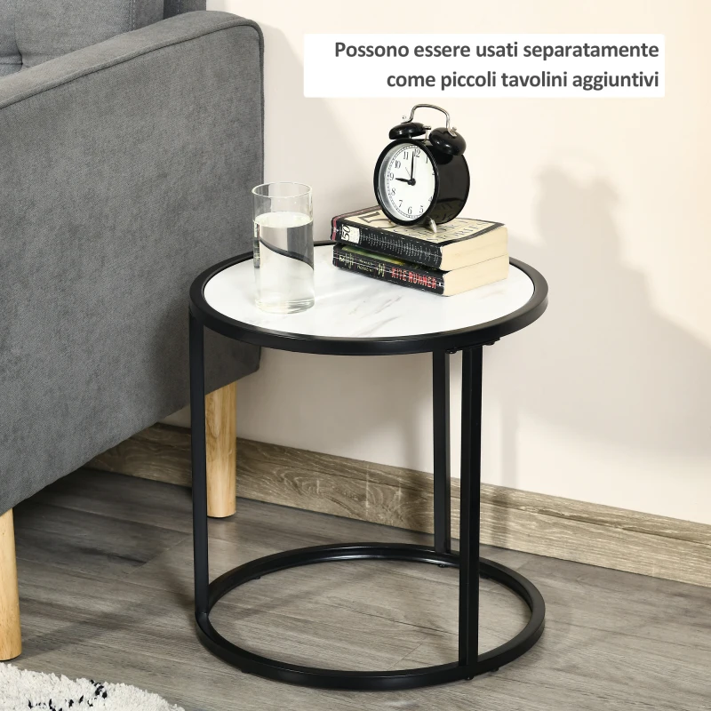 HOMCOM Set di 2 Tavolini da Salotto Rotondi Impilabili in Acciaio ed Effetto Marmo, Bianco