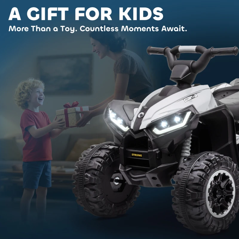 HOMCOM Quad buggy électrique enfant 12 V 6 Km/h max. effets lumineux selle pour enfant 3-5 ans métal PP noir blanc(m-8)