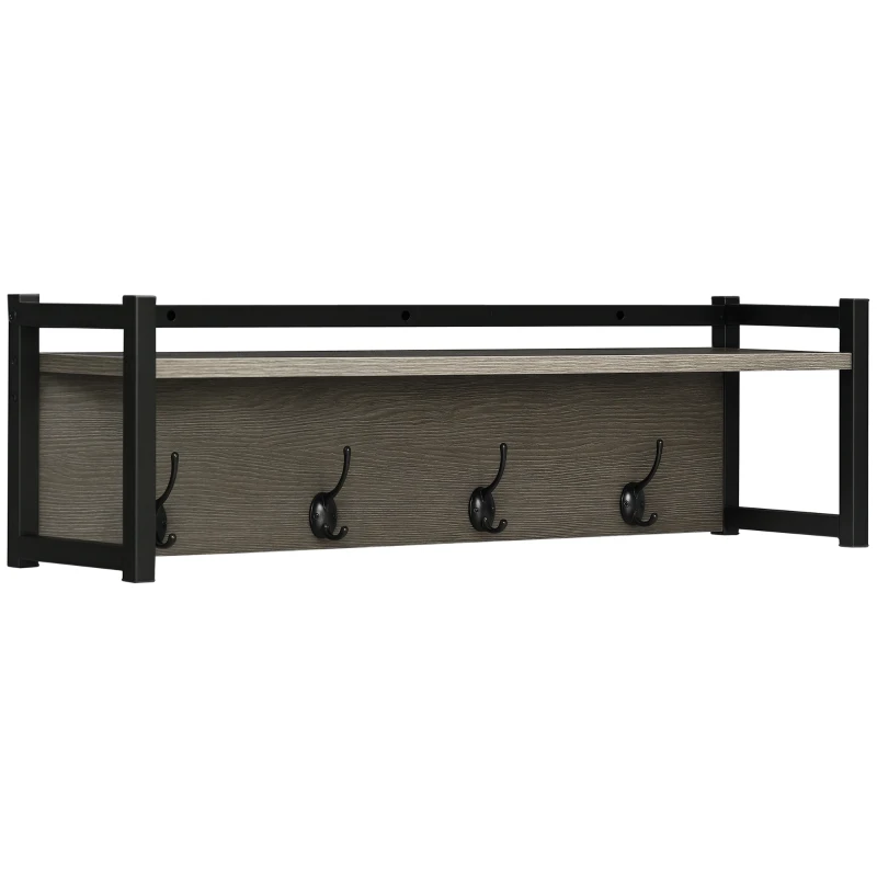 HOMCOM Wall-Mounted Coat Rack, Floating Hanging Shelf with 4 Coat Hooks and Open Shelf, Keyholder for Hallway, Mud Room, Grey