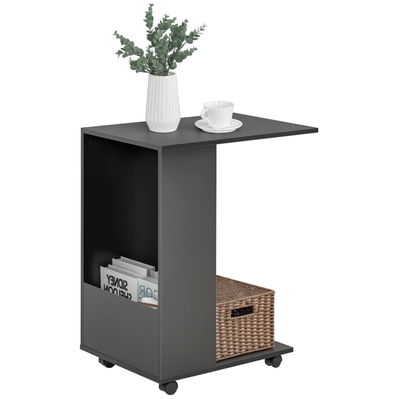 HOMCOM Mobile Sofa Side Table C-Shape End Table with Storage and Casters for Laptop Coffee Snack, Black