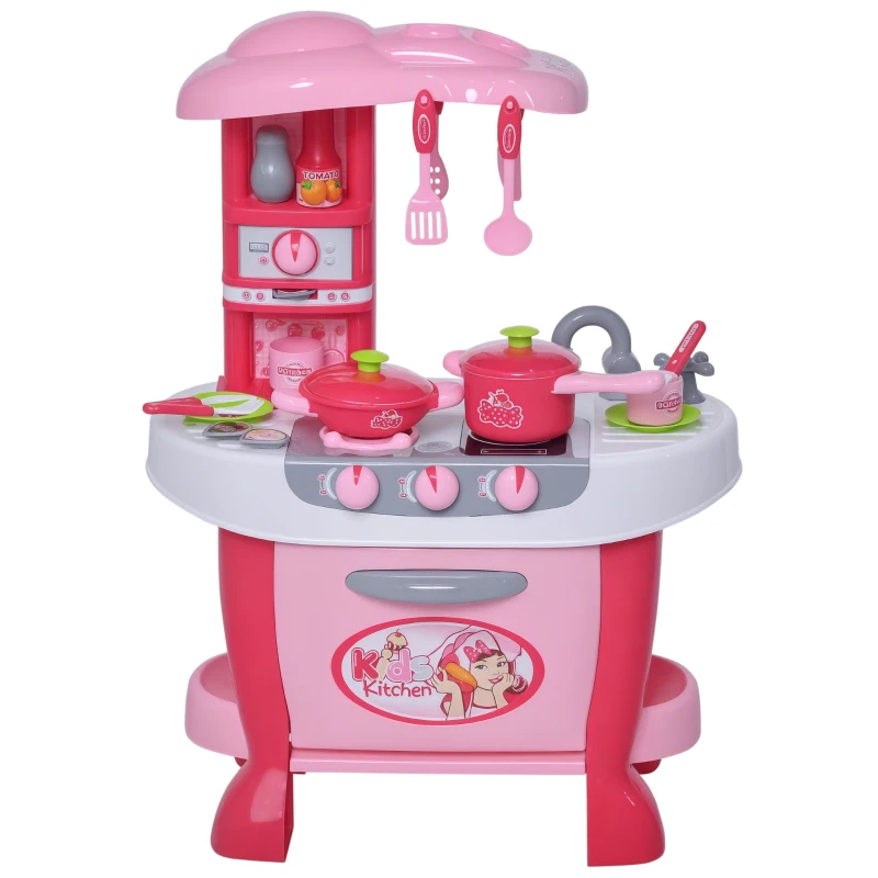 HOMCOM Cucina Giocattolo per Bambini 3-6 Anni con 38 Accessori, Luci e Suoni Realistici Set Gioco Rosa e Bianco