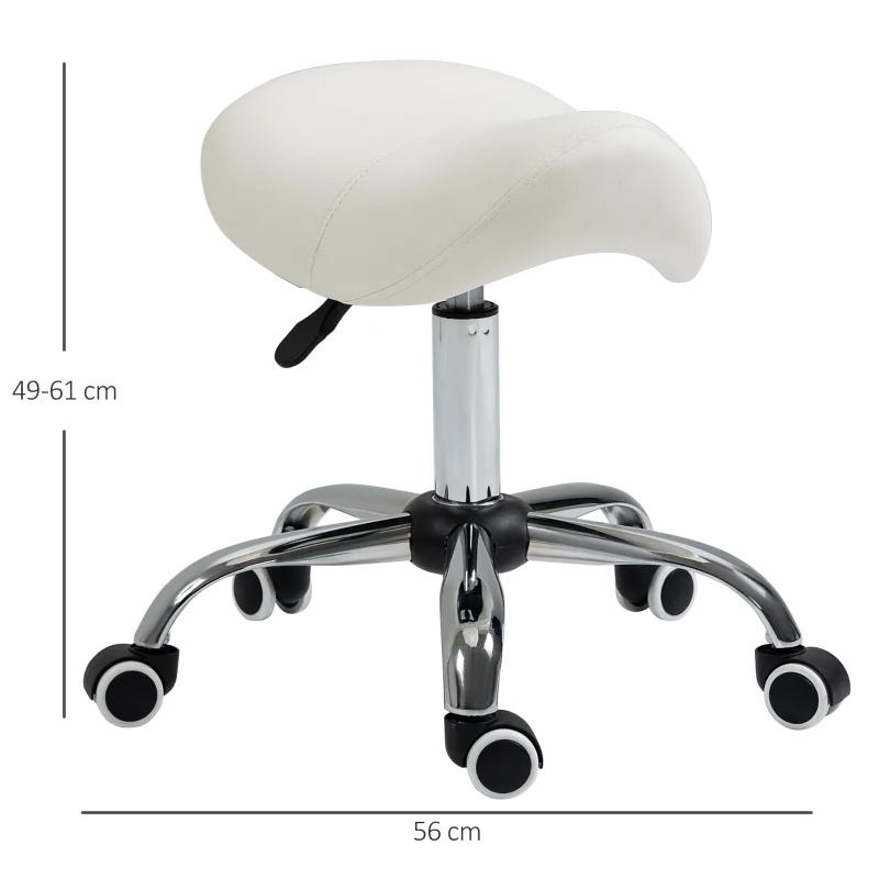 HOMCOM Height Adjustable Saddle Stool with Swivel Wheels, Faux Leather Salon Chair for Hairdressing, Beauty, Tattoo, White