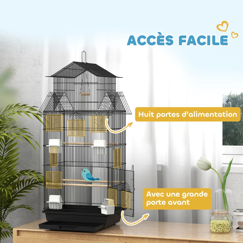 PawHut Cage à oiseaux volière avec balançoire poignée portable 4 mangeoires 3 perchoirs 50,5 x 41 x 104 cm en acier noir