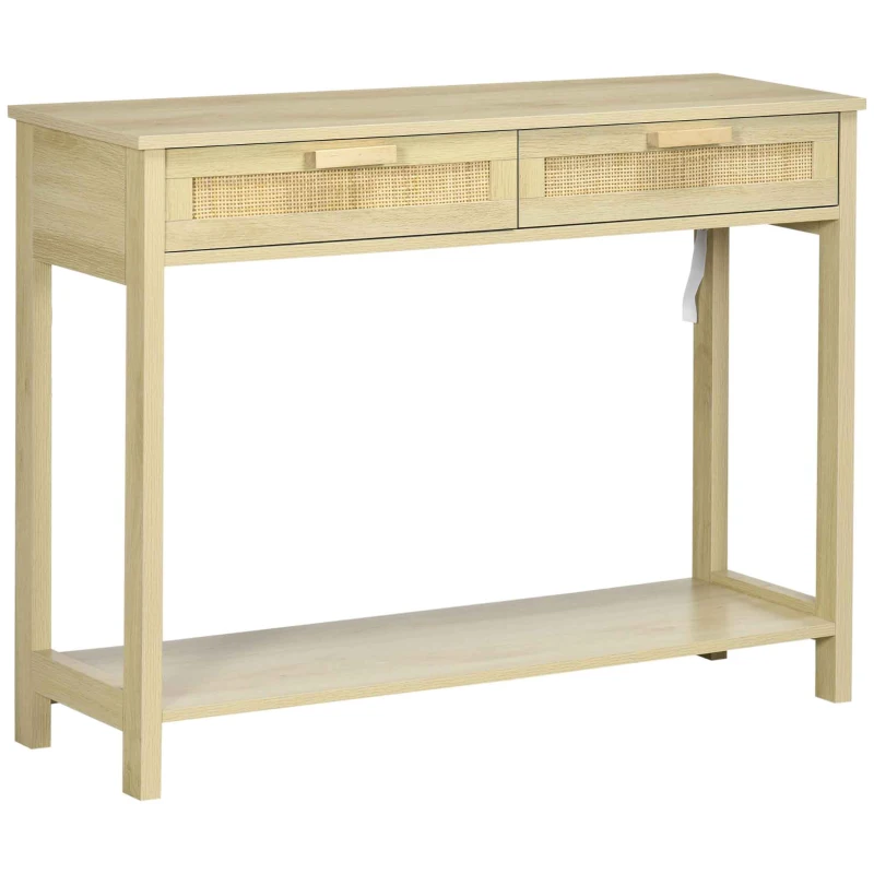 HOMCOM Mesa Consola Mesa de Entrada con 2 Cajones de la Superficie de Ratán y Estante Inferior para Pasillo Salón Dormitorio de Estilo Rústico 100x30x76 cm Natural