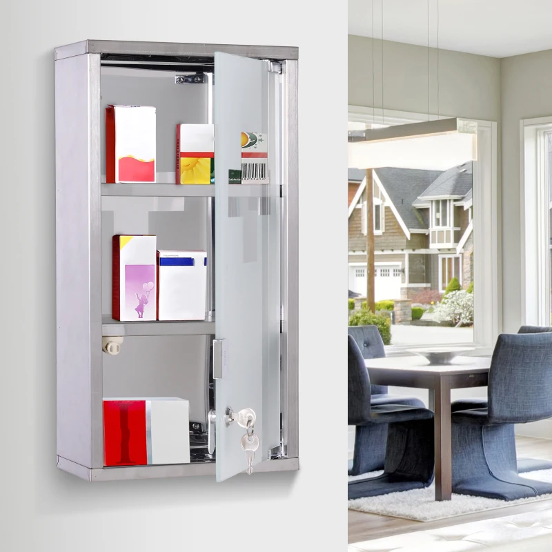 HOMCOM Wall Mounted Medicine Cabinet, Stainless Steel Bathroom Storage Cabinet with 2 Shelves, Glass Door Lockable