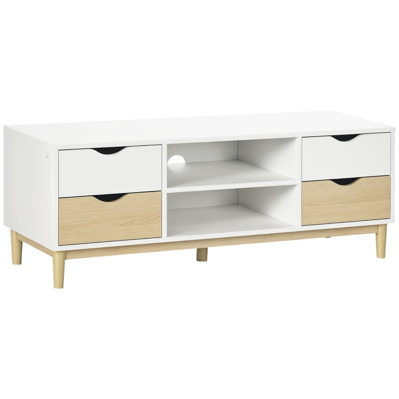 HOMCOM Móvel de TV para Televisores de até 55" com Prateleiras de Armazenamento e 4 Gavetas 120x40x44,5cm Branco e Carvalho