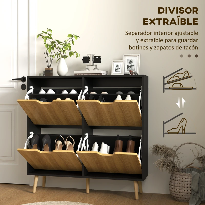 HOMCOM Zapatero Estrecho con 4 Cajones Abatibles y Estantes Ajustables para 16 Pares 95x26x95 cm Natural y Negro