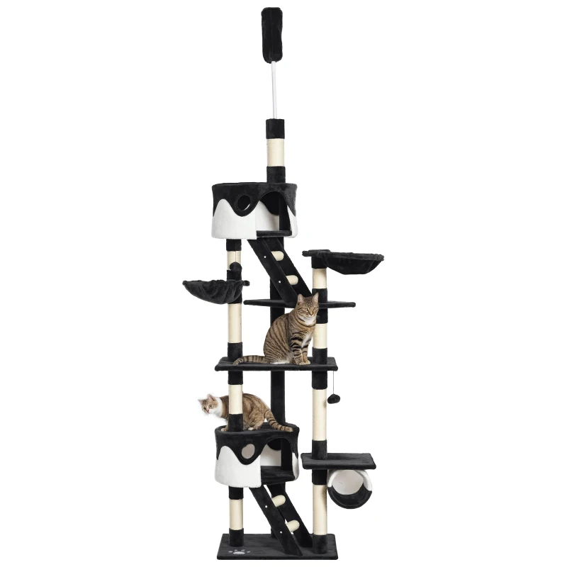 PawHut Tiragraffi per Gatti a Soffitto con Altezza Regolabile 240-260cm, Albero Tiragraffi per Gatti Multilivello con Cucce, Amache e Scale, Corde in Sisal, Grigio Scuro e Bianco