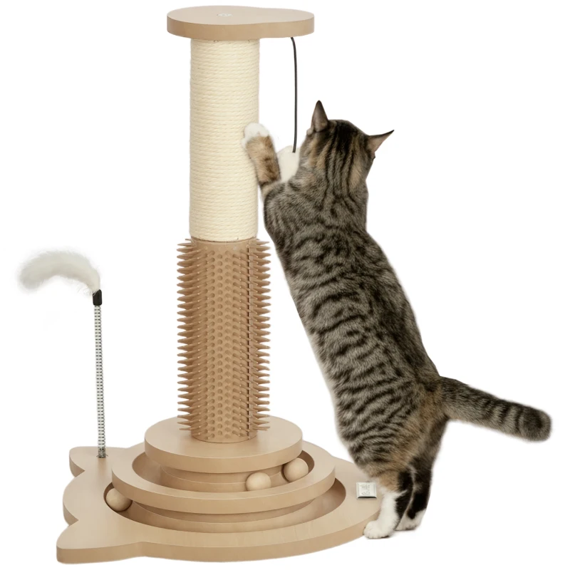 PawHut Arranhador para Gatos 49 cm Mini Arranhador para Gatos com Poste de Sisal com Pena e Bola de Brincar 32x32x49 cm Carvalho