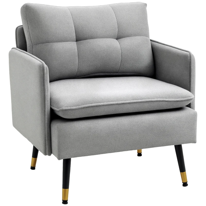 HOMCOM Fauteuil scandinave dossier capitonné avec passepoil en tissu 76 x 68 x 80 cm gris clair et pieds en métal noir et doré