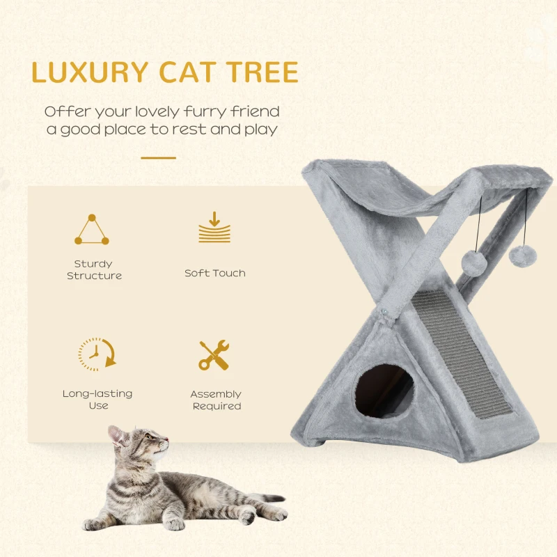 PawHut Two Tier Cat Tree for Indoor Cats Play Rest Plush Folding Relax Center w/ Scratching Post Hammock Pom Poms Grey