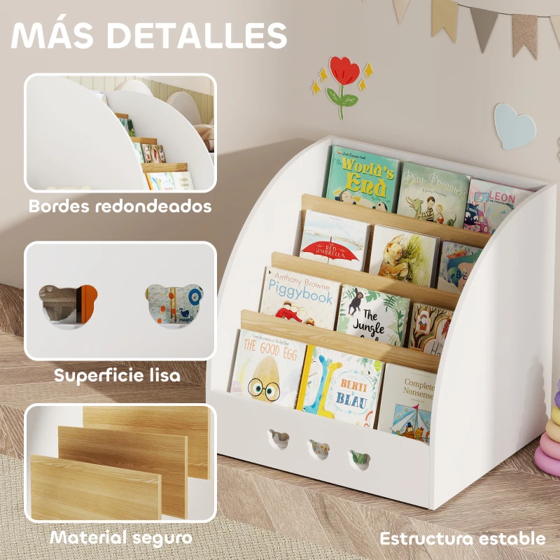 AIYAPLAY Estantería Infantil para Juguetes 4 Niveles para la Habitación Infantil Sala de Juegos 60x53x60 cm Blanco y Natural