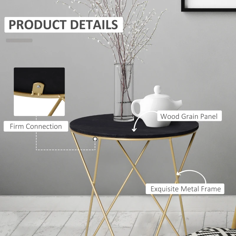 HOMCOM Round End Table, Sofa Side Table with Wood Grain Top and Metal Crossed Legs, Accent Coffee Table for Living Room, Bedroom, Black, Gold Tone