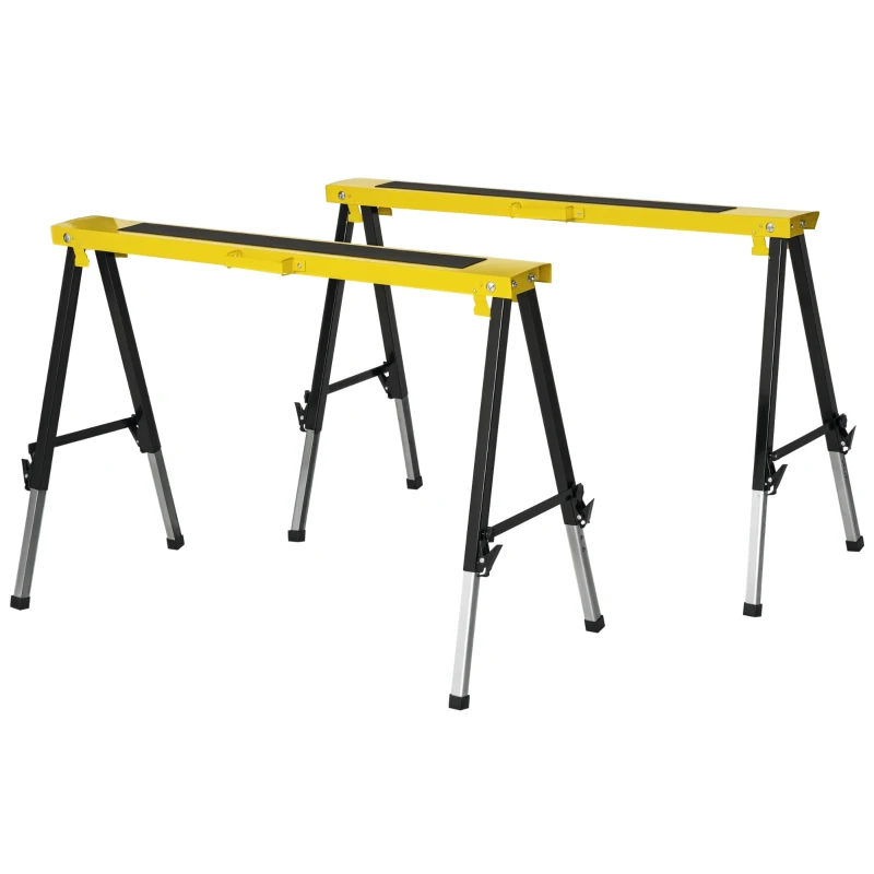 DURHAND Lot de 2 tréteaux pliables télescopiques réglable en hauteur poignée transport dim. 100L x 60l x 62-90H cm surface antidérapante métal noir jaune