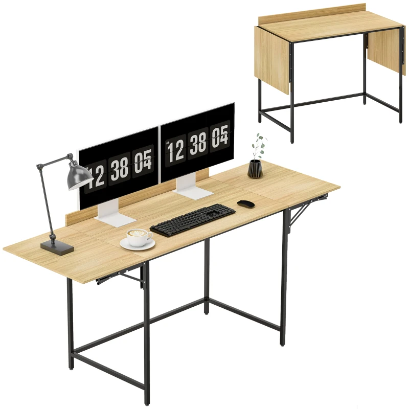 HOMCOM Inklapbare Computertafel met 2 Uittrekbladen, veel ruimte voor monitors, Metalen poten, robuuste constructie, Eiken + Zwart