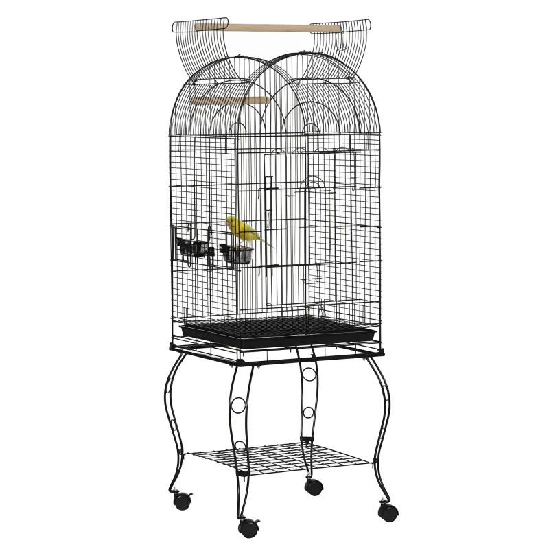 PawHut Gabbia per Uccelli e Canarini, Voliera con Ruote in Metallo Nero 51x51x153 cm